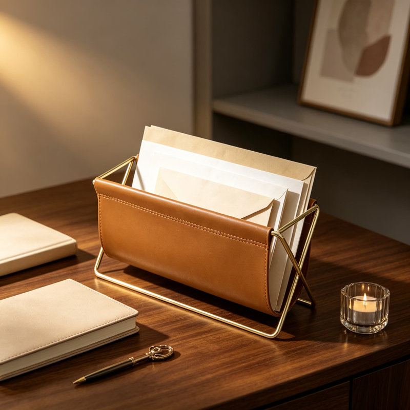 Porte-lettres Mid-Century en similicuir caramel