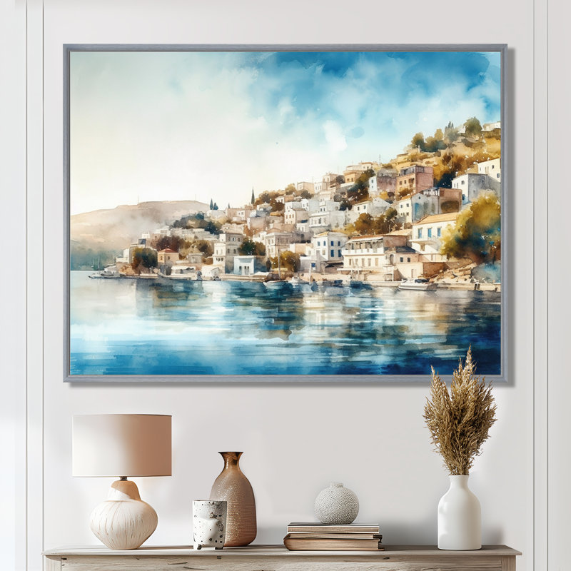 «Blue Mediterranean Seaside Charm», reproduction sur toile, H 12 po x l 20 po x P 1 po, Encadrement argenté