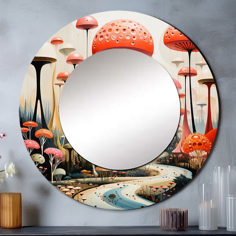 Coloré Mid Mid Century Mid-Century Mushroom Dreams II - miroir Mid-Century moderne, miroir mural rond moderne Mid-Century, impression sur métal