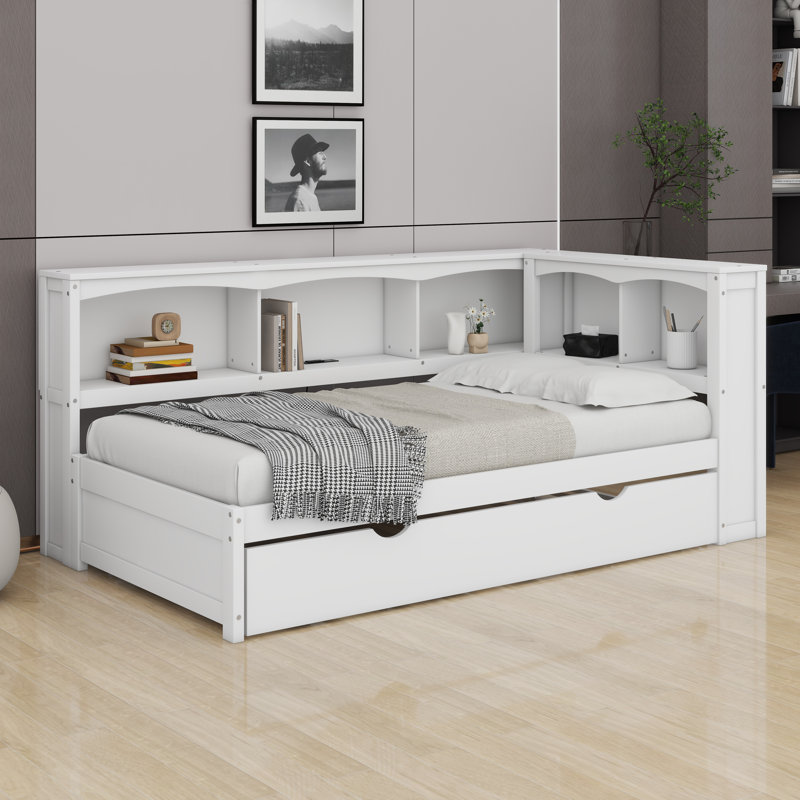 Lit de jour simple avec lit gigogne, armoires de rangement et ports USB, Blanc
