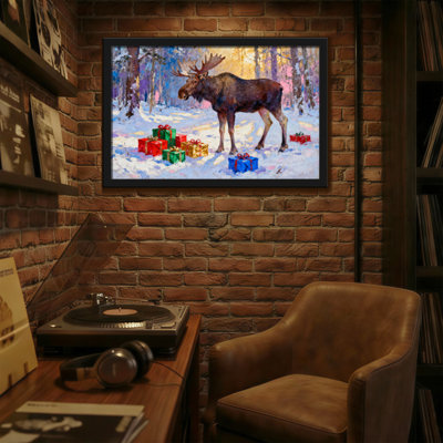Orignal de Noël dans la neige avec des cadeaux de Noël