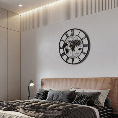 36 Inch Large Black Metal Wall Clock, Modern Silent World Map Wall Clock With Gold Pointers, Decorative For Living Room, Entryway, Dinning Room, Bedroom