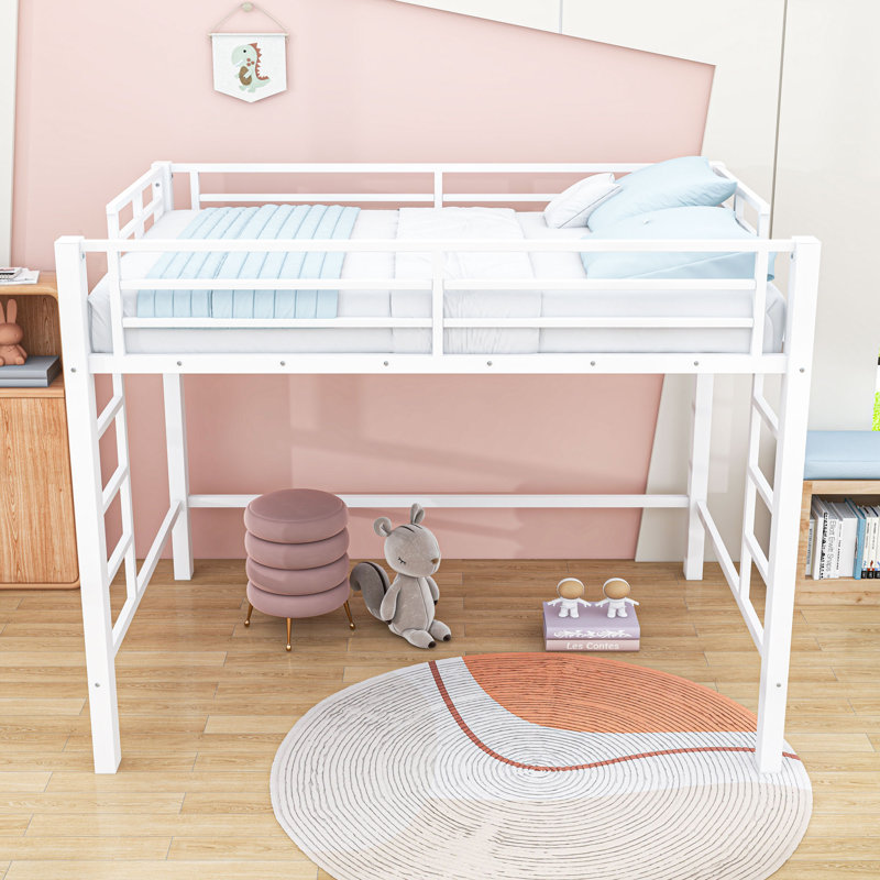 Metal Loft Bed with Guardrails, Queen
