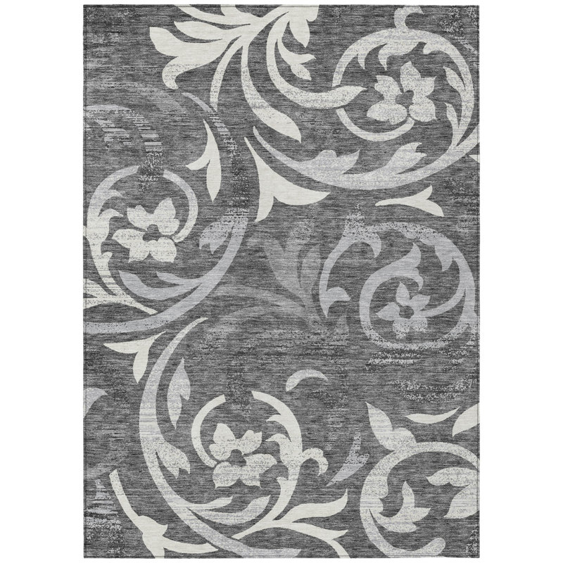 Tapis extérieur lavable floral gris anthracite argenté et gris 10 pi x 14 pi