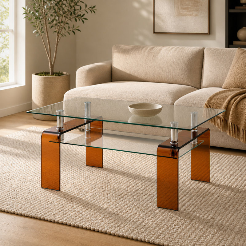 Table basse moderne en verre trempé avec rangement à 2 niveaux, transparente et durable pour le décor du salon, Brun