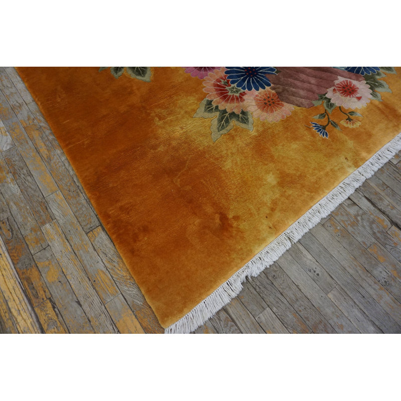 Room Size Knotted Antique Yellow Wool 1930s Chinese - Art Deco Rectangle Rug