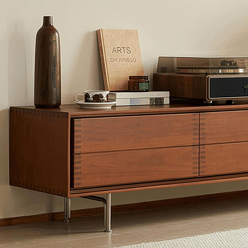 Meuble télé moderne en bois massif brun, H 17,72 po x L 82,68 po x l 15,75 po, Cerisier
