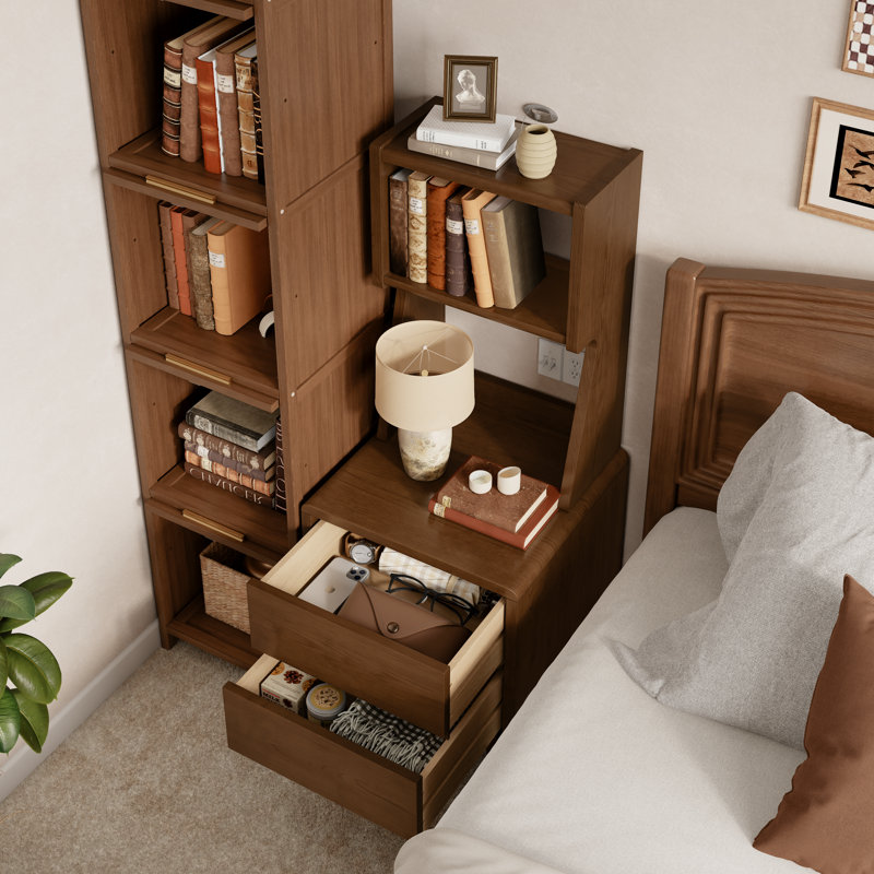 Bibliothèque étroite en bois massif avec tiroirs et tablettes ouvertes Annie, 2 niveaux