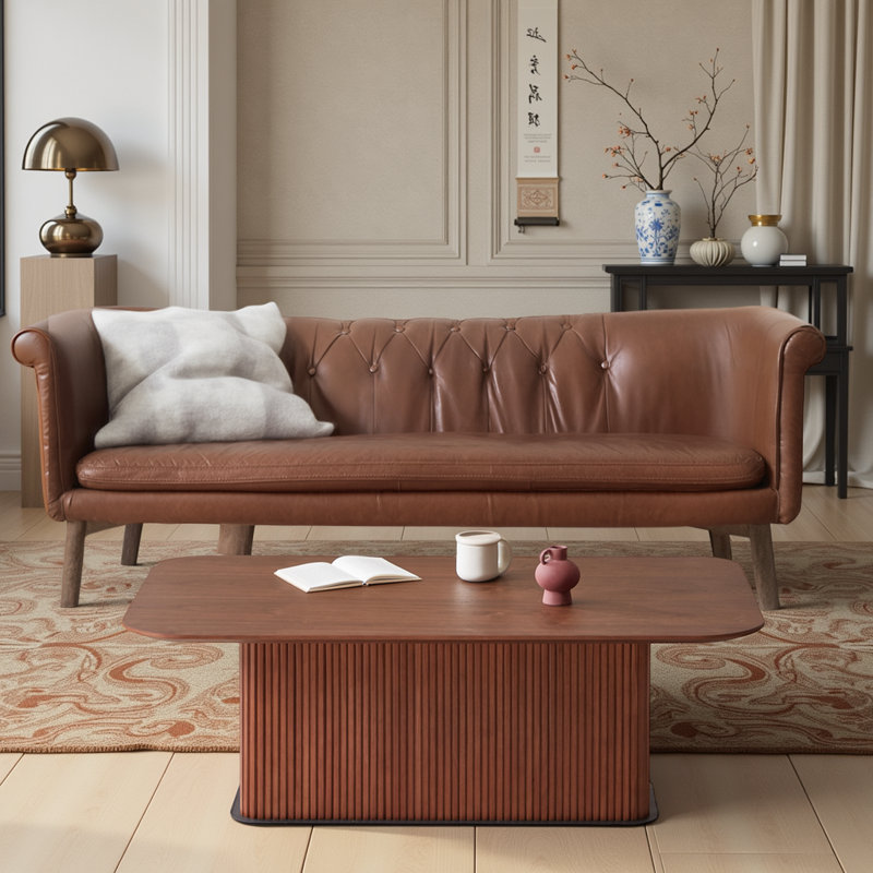 Table basse moderne en noyer - Plateau rectangulaire en bois aggloméré avec pieds en métal noir