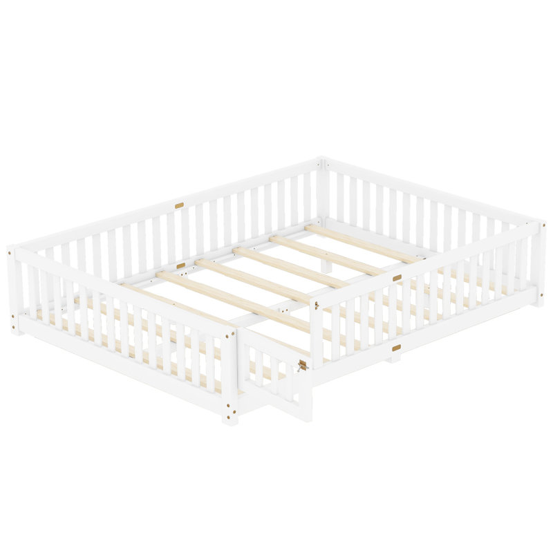 Queen Size Kids Floor Bed with Safety Rails and Door, Low Profile Pine Wood Bed for Independent Sleep, White, White, Queen