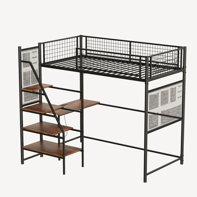 Twin sized loft metal bed with white for bedroom and dormitory, with built-in charging station and LED lighting, Black, Twin