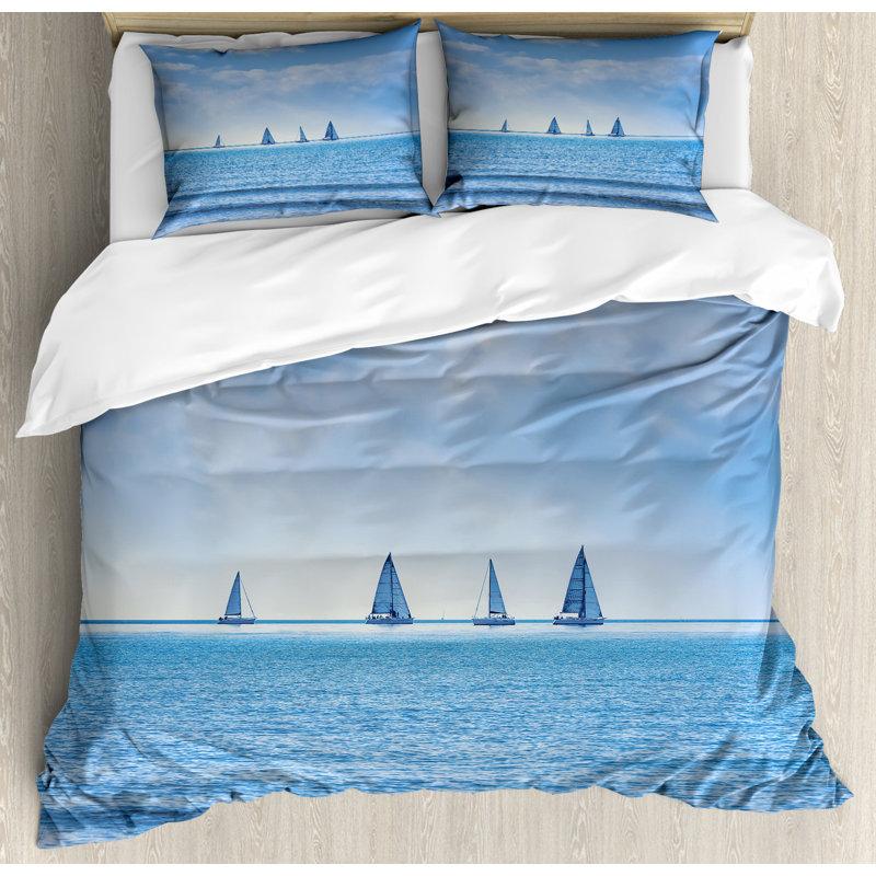 Pale Blue Nautical Sailing Boat Queen Duvet Cover Set