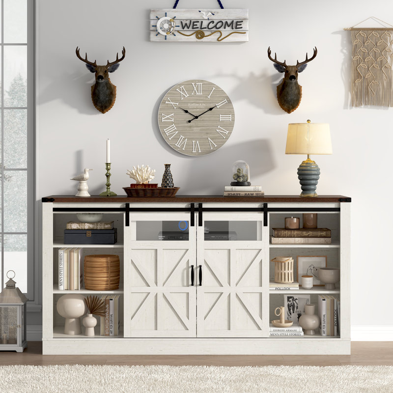66" Farmhouse TV Stand with Power Outlets for 65/75 Inch TVs, Entertainment Center with Sliding Barn Door & Large Storage Cabinets with Adjustable Shelf