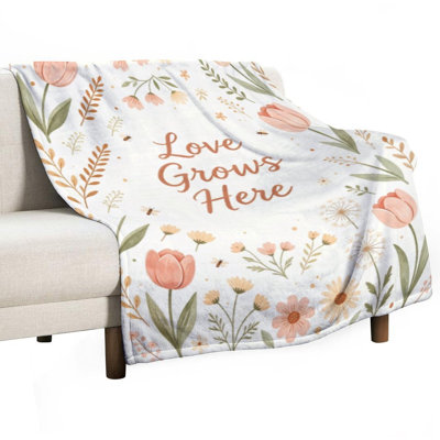 «Love Grows Here», motif floral avec tulipes et jeté en flanelle de luxe, couverture douce et chaude pour le canapé-lit du salon