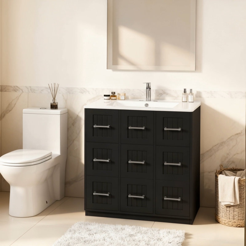 Meuble-lavabo autoportant avec lavabo et tiroirs, Noir