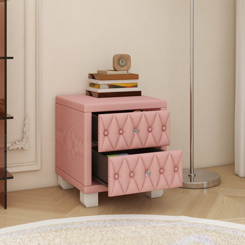 Élégante table de chevet en velours avec 2 tiroirs et poignée en cristal, table de chevet avec capitonnage, Rose
