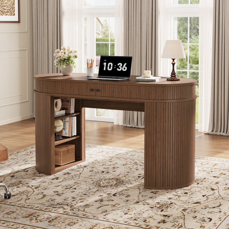 55" W Mid-Century Executive Desk with Tambour Sliding Doors and Storage Shelves, Wood Home Office Computer Desk with Power Outlet
