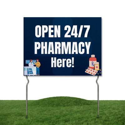 Soins d'urgence - Ouvert 24 heures sur 24, 7 jours sur 7! Yard Sign par DC | Enseigne de potager 24 po x 18 po à double face avec piquets en métal 13 po | Panneaux d'extérieur imperméables pour la pelouse, le patio, le trottoir et la maison | Ensemble