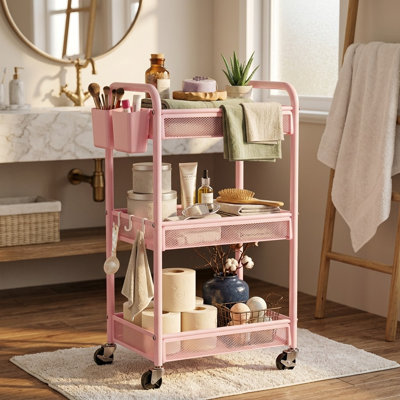 3 Tier Metal Rolling Storage Cart with Hanging Cups, Hooks & Mesh Basket for Kitchen Office Art