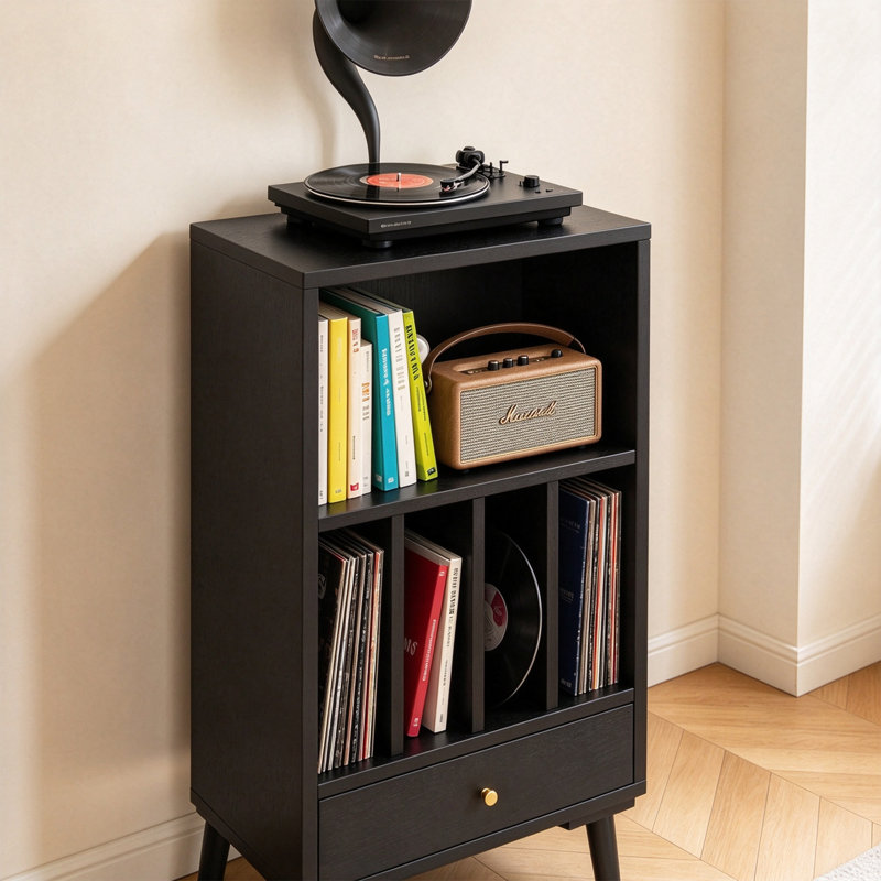 Meuble de rangement pour disques vinyles en bois multicouche, Noir