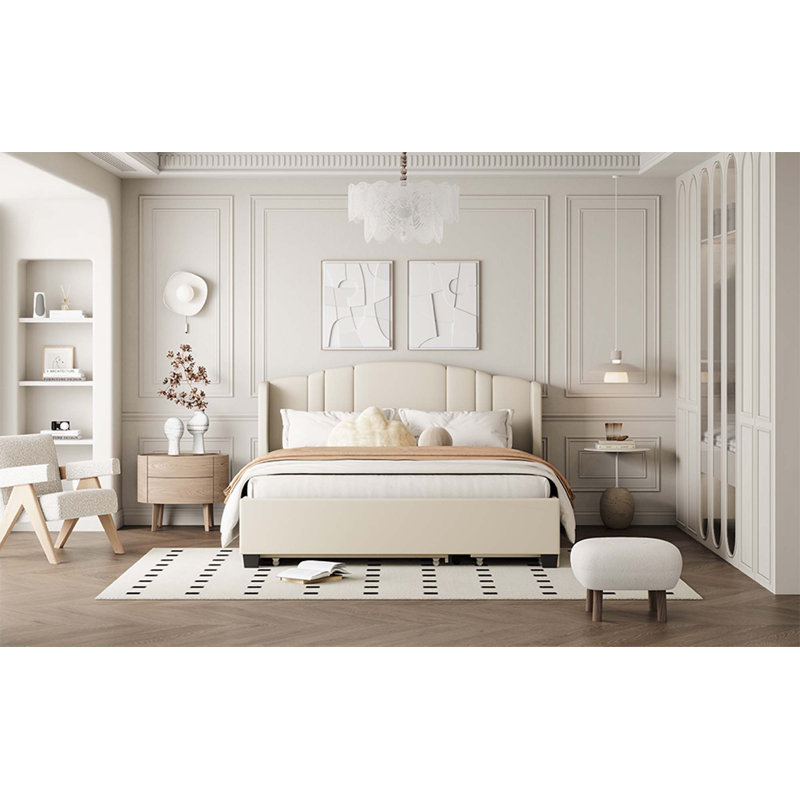 Lit plateforme tapissier avec tête de lit à oreilles, un lit gigogne simple et 2 tiroirs, aucun sommier nécessaire, grand