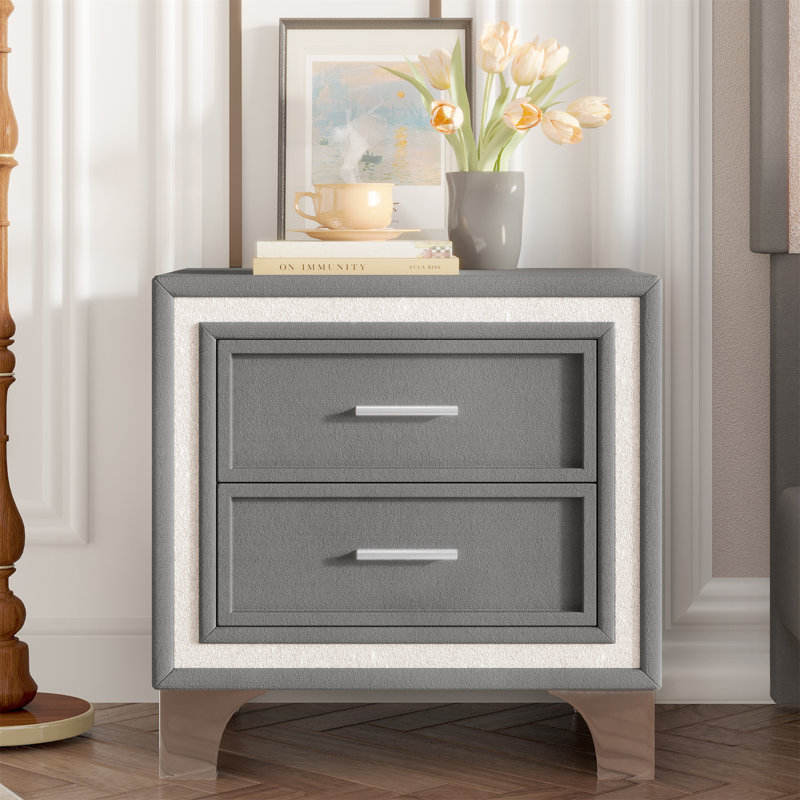 Table de chevet 2 tiroirs en velours 22 po, Gris