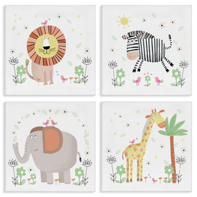 Ensemble de 4 toiles de bébés animaux de la jungle et de fleurs, design par Carla Daly