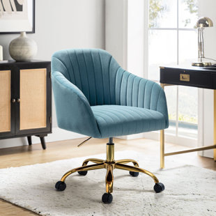 Blue Velvet Swivel Office Desk Chair Gold Base Wheels