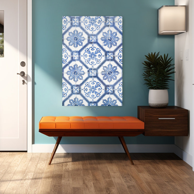 Motif azulejo bleu à motif géométrique classique, H 48 po x l 32 po