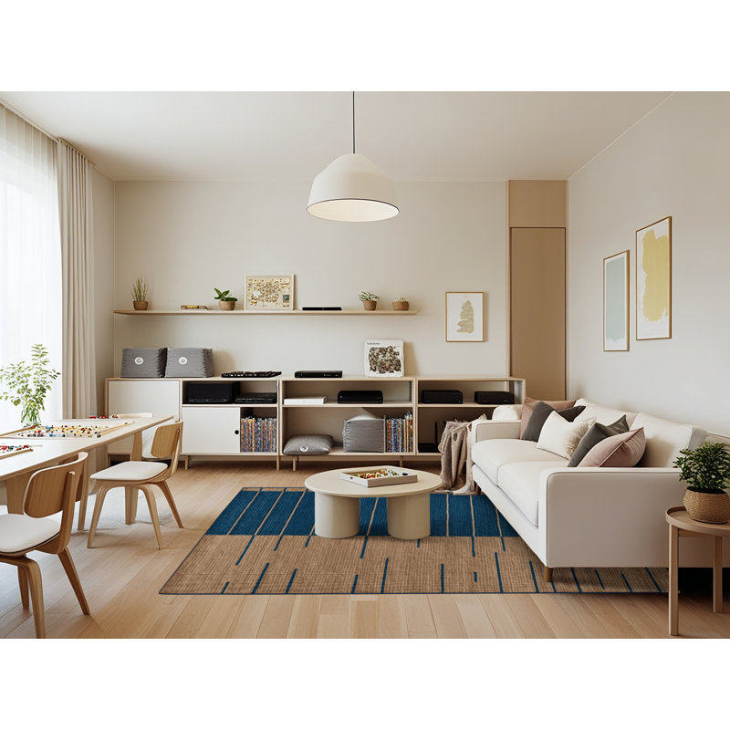 Machine Washable Horizontal Stripes Blue Area Rug, Rectangle 7' x 9'