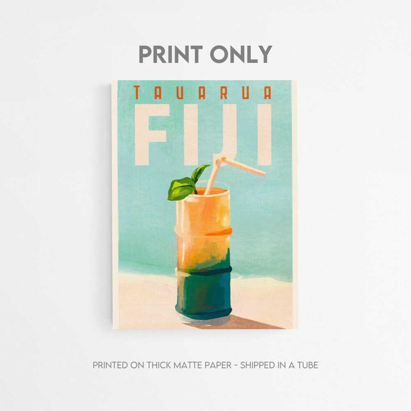 Affiche de voyage des Fidji - reproduction rétro d'une boisson sur la plage de Tavarua, H 16 po x l 12 po, Tanné