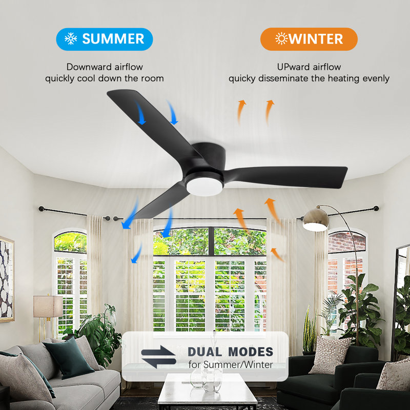 Flush Mount 52 Inch Morden Black Ceiling Fan With Light And Remote Indoor/bedroom/apartment