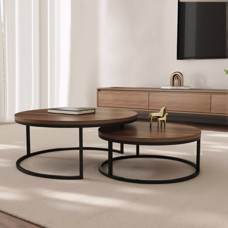 Nesting Coffee Tables Set of 2, Round Walnut & Black Metal Frame, Modern End Tables for Small Spaces, Living Room, Apartment (80 & 60cm)