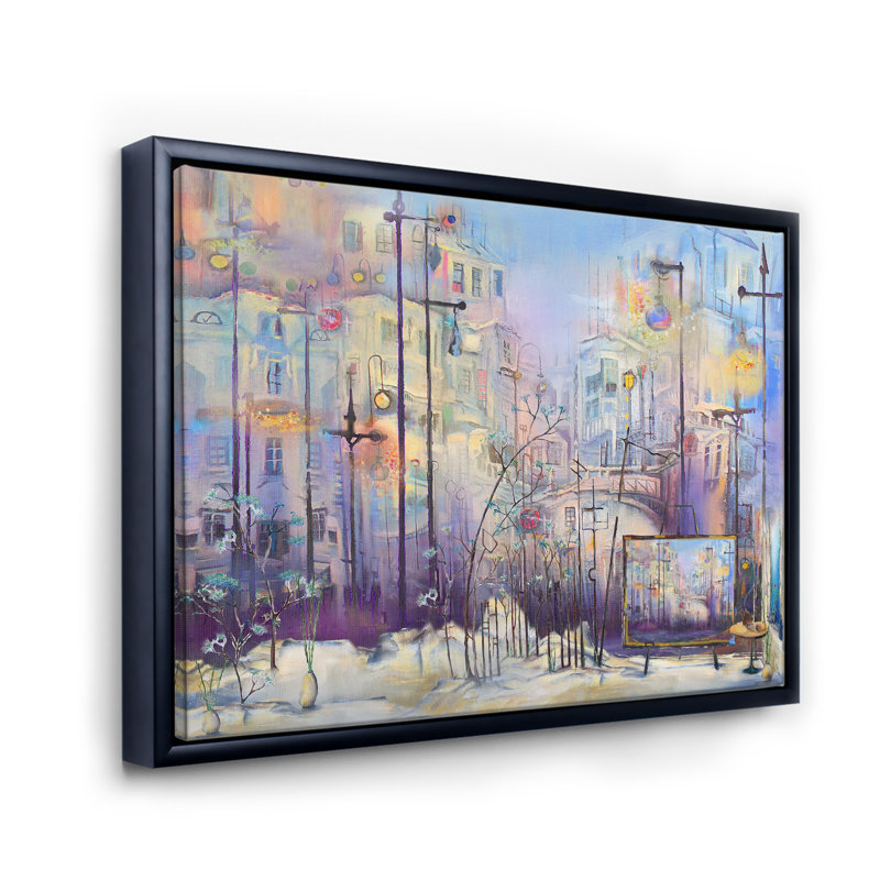 Abstract Pastel Cityscape - Painting on Canvas, 12" H x 20" W x 1" D, Black Floater Frame