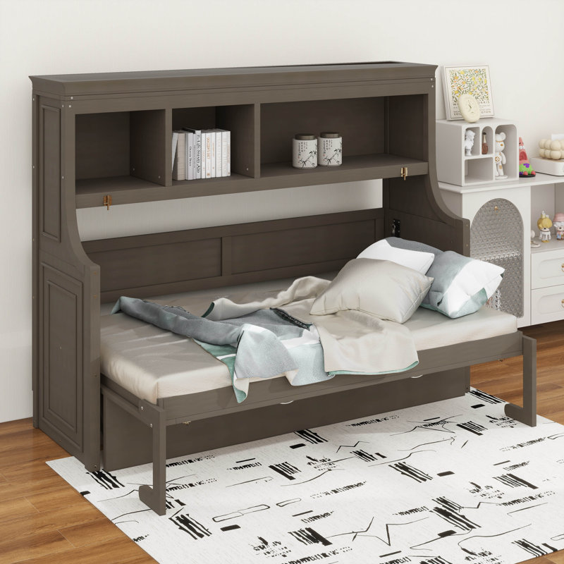Lit escamotable simple avec bureau, cadre de lit mural en bois avec tablettes de rangement, cadre de lit armoire de ferme peu encombrant
