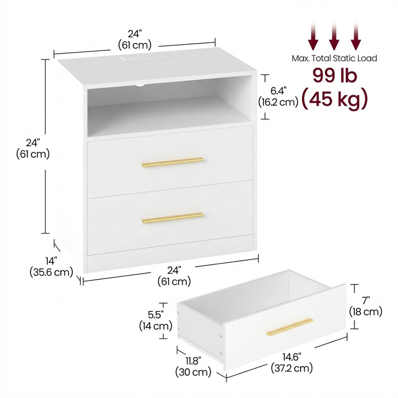 Table de chevet de 24 po de largeur avec station de charge, lumières DEL, 2 ports USB pour prises de courant alternatif