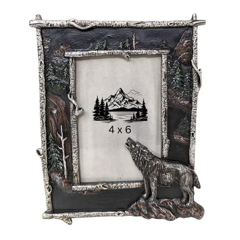 Resin Rustic Nature Photo Frame With Wolf Accent  Faux Branch Tabletop Decor Unique Woodland Picture Frame For Wildlife Photos