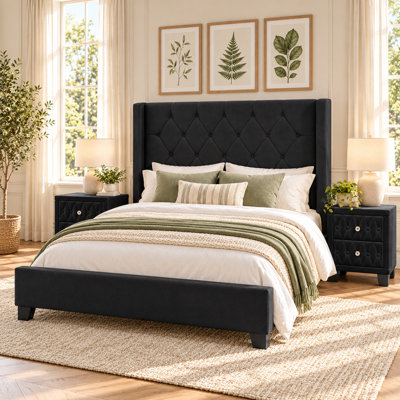 Ensemble de chambre à coucher 3 pièces, lit plateforme tapissier en velours noir avec 2 tables de chevet capitonnées et poignée en cristal