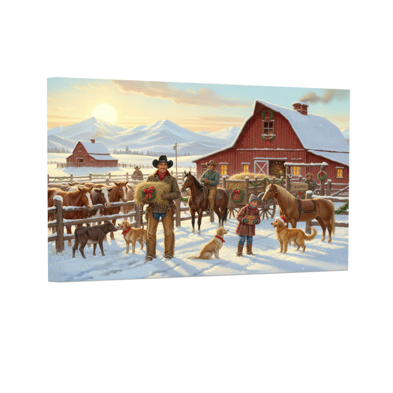 Scène de ferme de Noël avec cowboys et animaux, H 16 po x l 24 po