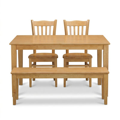 Oak Finish Asian Rubber Wood Rectangular 5 Piece Dining Table Set 2 Chairs 2 Benches Mid Century Style
