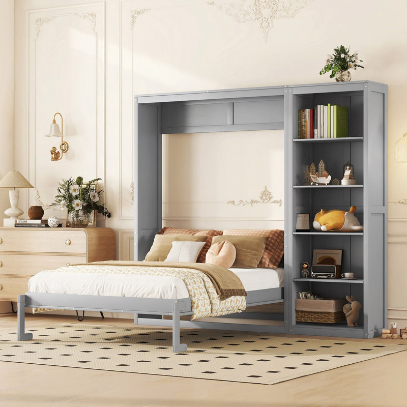 Murphy Bed Wall Bed With Shelves, Grey