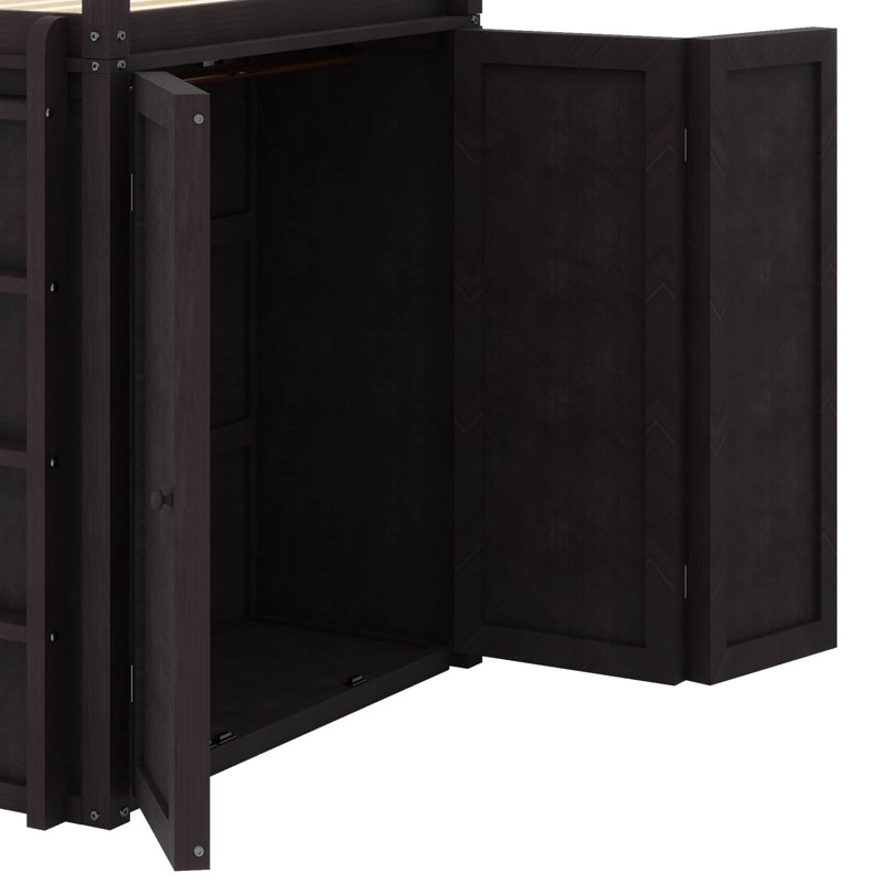 Lit mezzanine avec tiroirs, bureau et garde-robe, Espresso