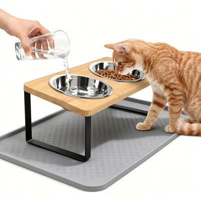 Ensemble de bols pour chat avec bols en acier inoxydable et tapis d'alimentation en silicone pour petits animaux de compagnie