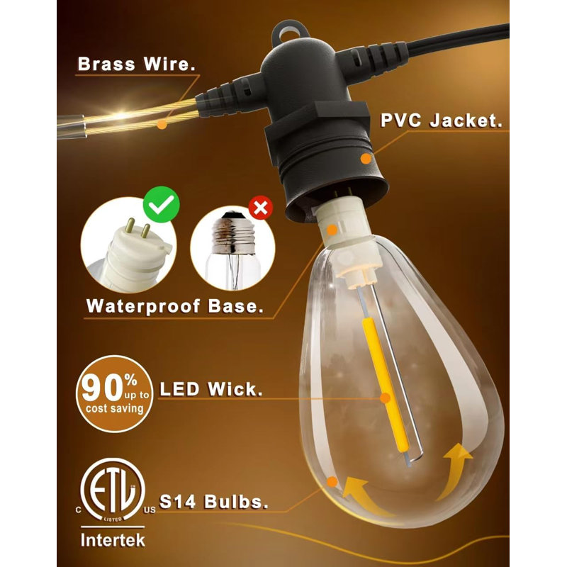 60FT Warm White LED Outdoor String Lights with Shatterproof Bulbs