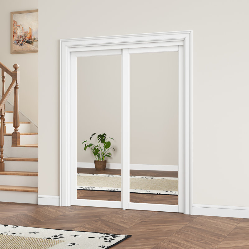 Portes coulissantes en miroir 60 po x 80 po avec trousse de quincaillerie et poignées pour porte de garde-manger, Blanc