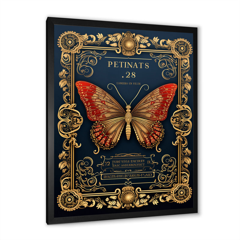 Illustration rétro d'un papillon rouge, H 44 po x l 34 po x P 1,5 po, Cadre simple noir