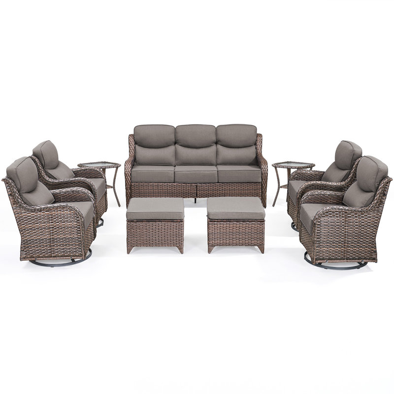 Ensemble de conversation extérieur en résine tressée 9 pièces avec coussins de 15 cm et poufs, Gris, Brun