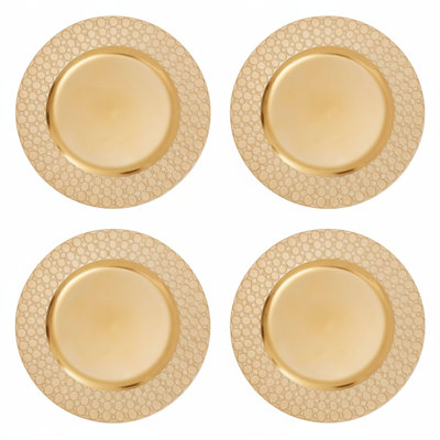 Set of Four 33cm Dia Gold Charger Plates with Octagon Pattern Rim