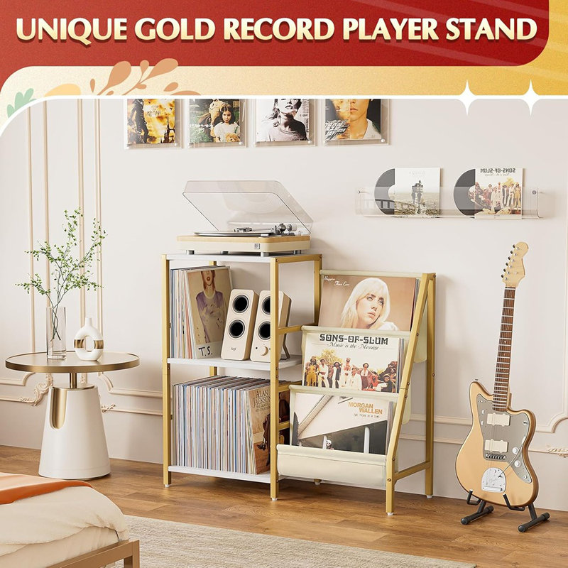 Support pour tourne-disque, support pour tourne-disque avec rangement à 3 niveaux pour disques vinyles, Blanc / Doré