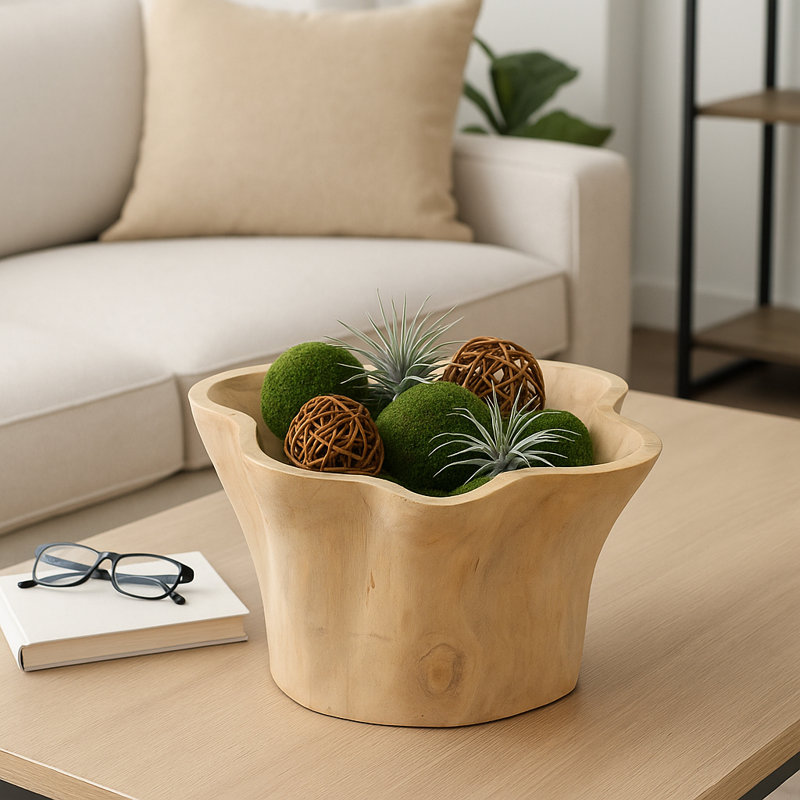 Bol décoratif en bois de teck rustique sculpté à la main - Bol décoratif moderne à forme libre pour décoration intérieure ou tablette - 13 po, brun